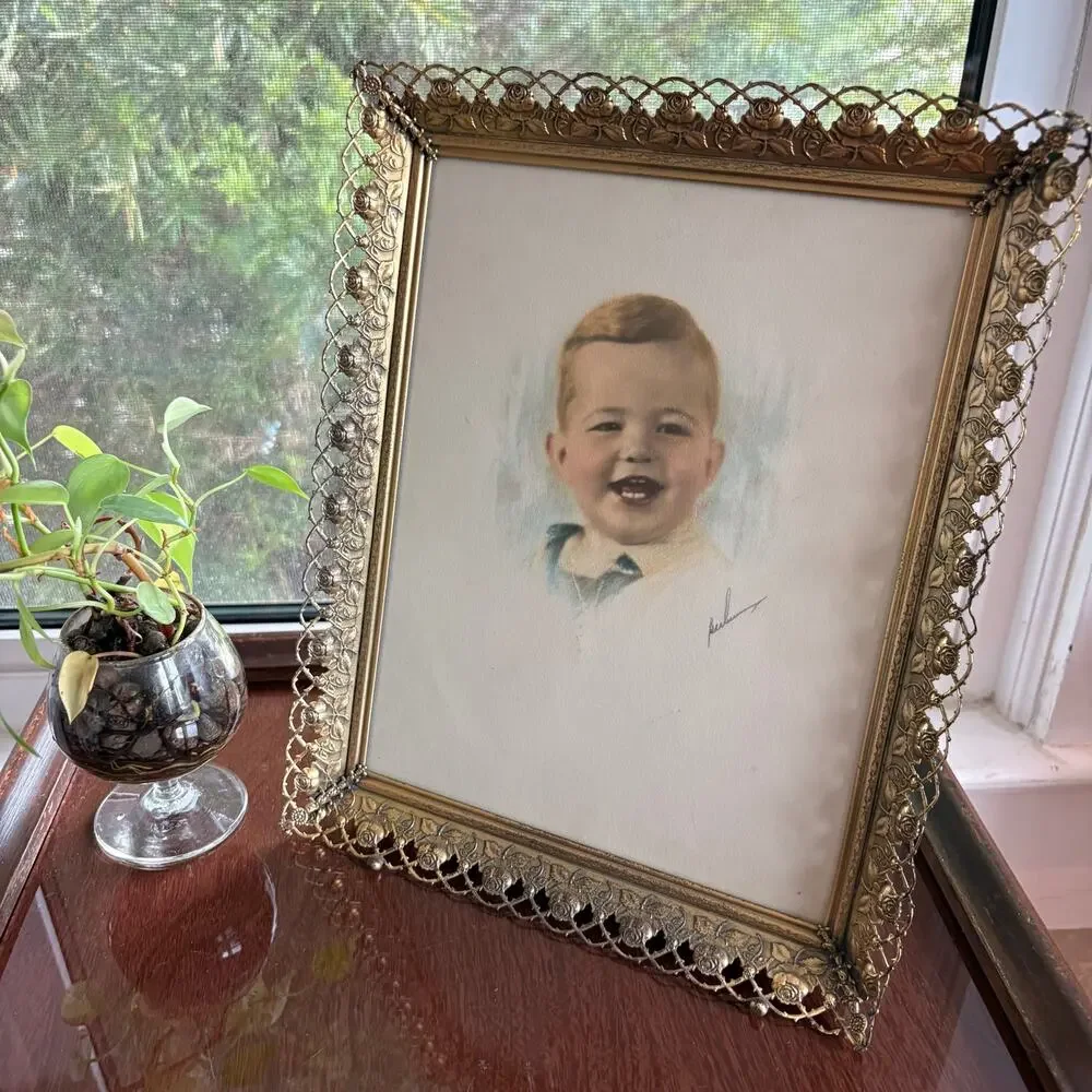 Vintage Signed Baby Portrait Drawing in Gold Tone Rose Filigree Frame